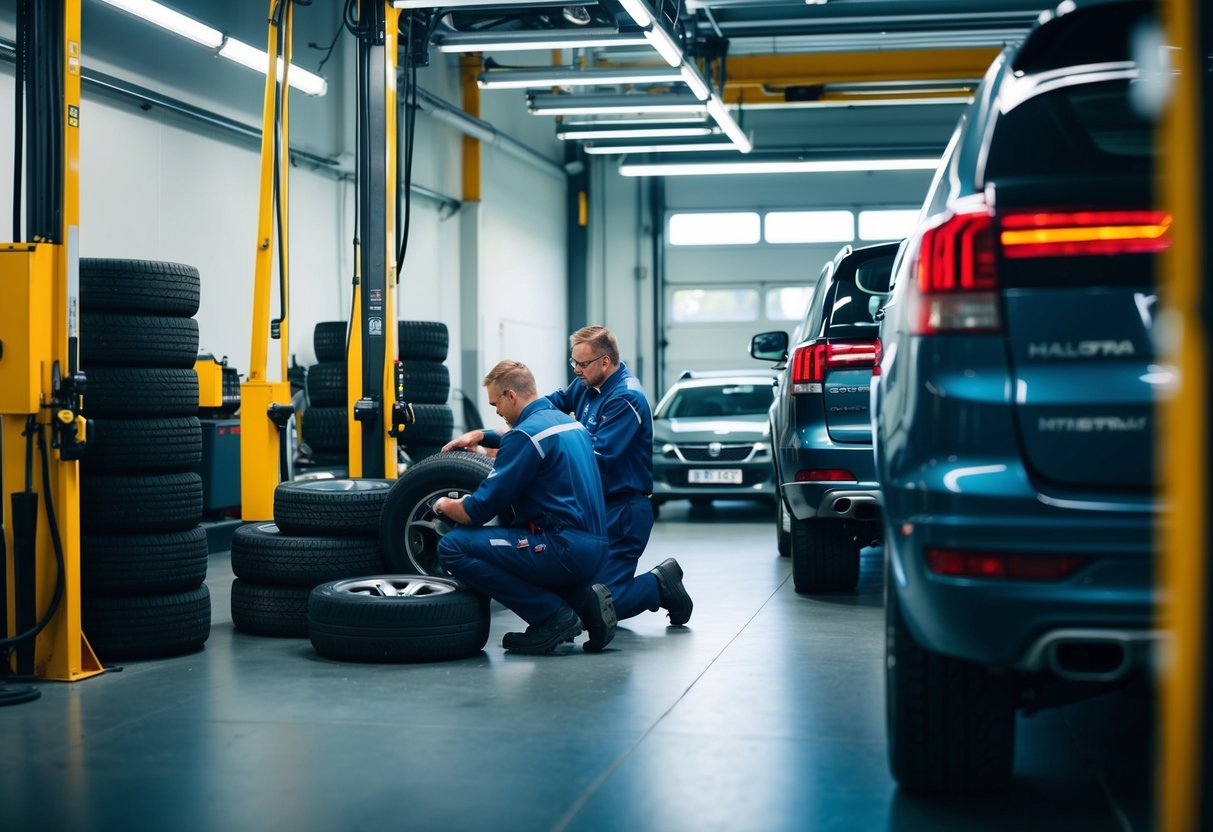 En upptagen däckverkstad i Hallsberg erbjuder däckservice med mekaniker som arbetar på olika fordon i garaget.