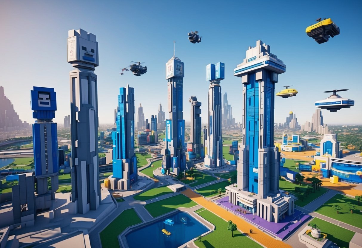 A futuristic cityscape with towering Roblox-themed skyscrapers and flying vehicles, showcasing advanced technology and bustling activity