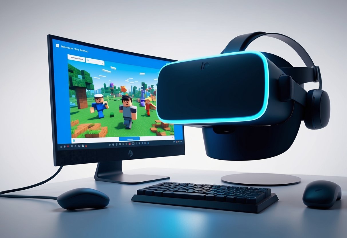 A futuristic VR headset connected to a computer, displaying a virtual world of Roblox in 2024