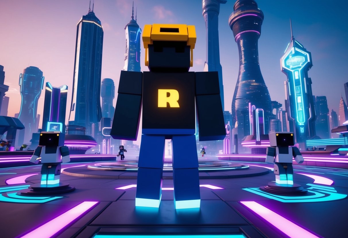 A futuristic cityscape with towering skyscrapers and neon lights, showcasing advanced technology and virtual reality integration