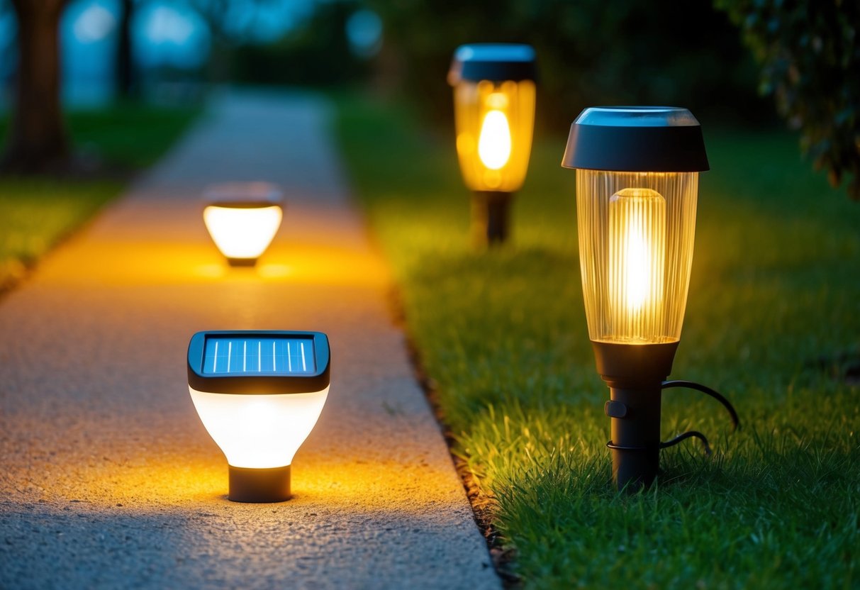 A solar-powered light illuminates a pathway, casting a warm glow on the surrounding area. Nearby, a traditional light fixture emits a harsher, cooler light, highlighting the contrast between the two lighting options