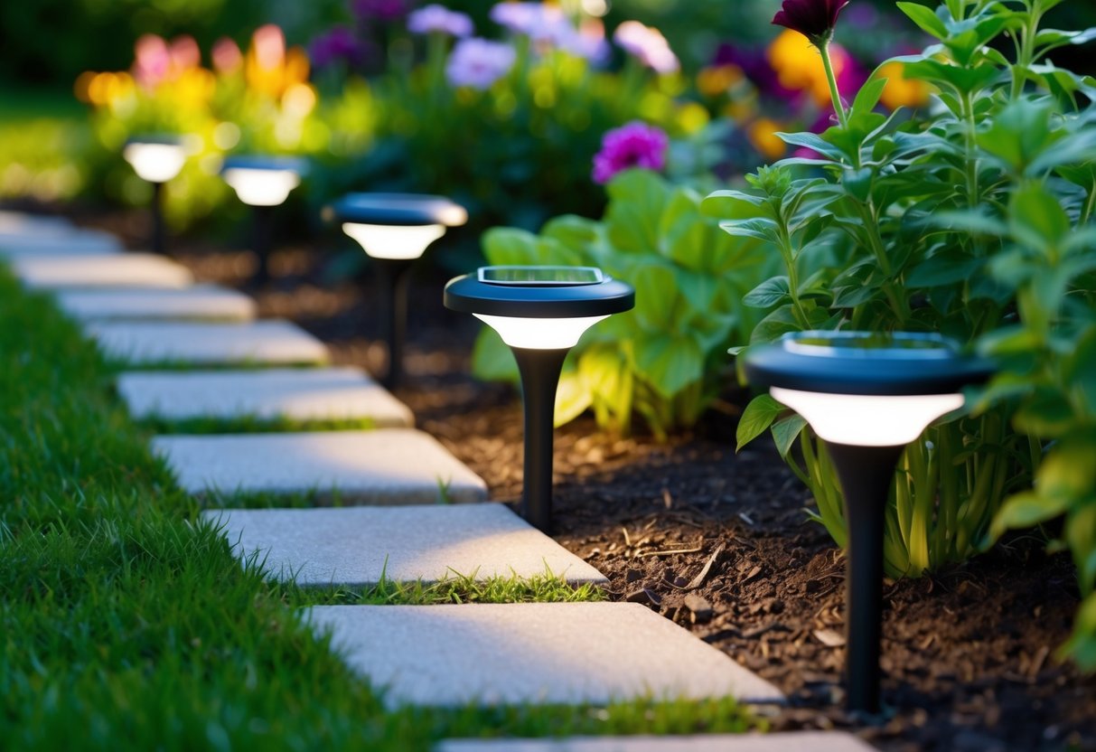 A garden with solar-powered lights illuminating the pathway and highlighting the surrounding plants and flowers. The lights are durable and weather-resistant, providing a safe and sustainable lighting option