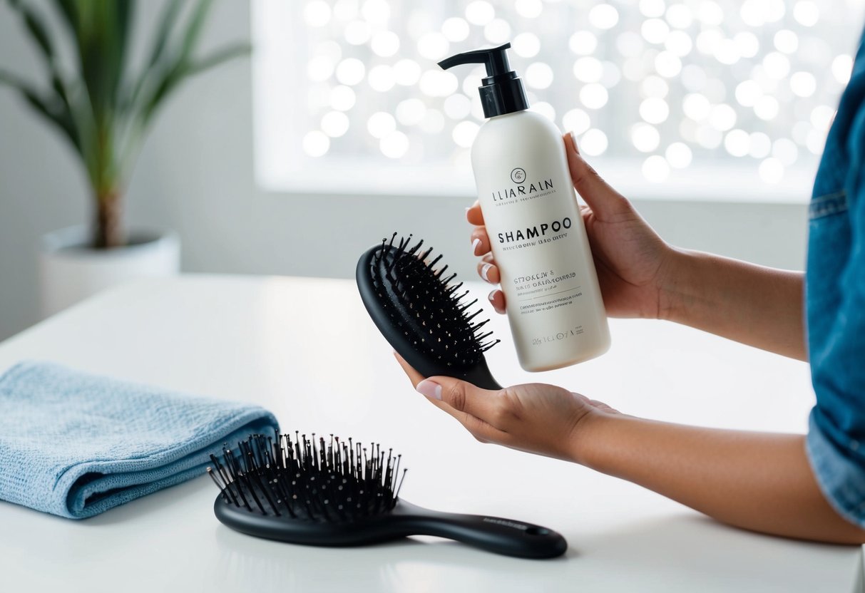 Une main de femme tenant une bouteille de shampooing et une brosse à boucle, avec une serviette et des extensions de cheveux disposées sur une surface propre et plate.