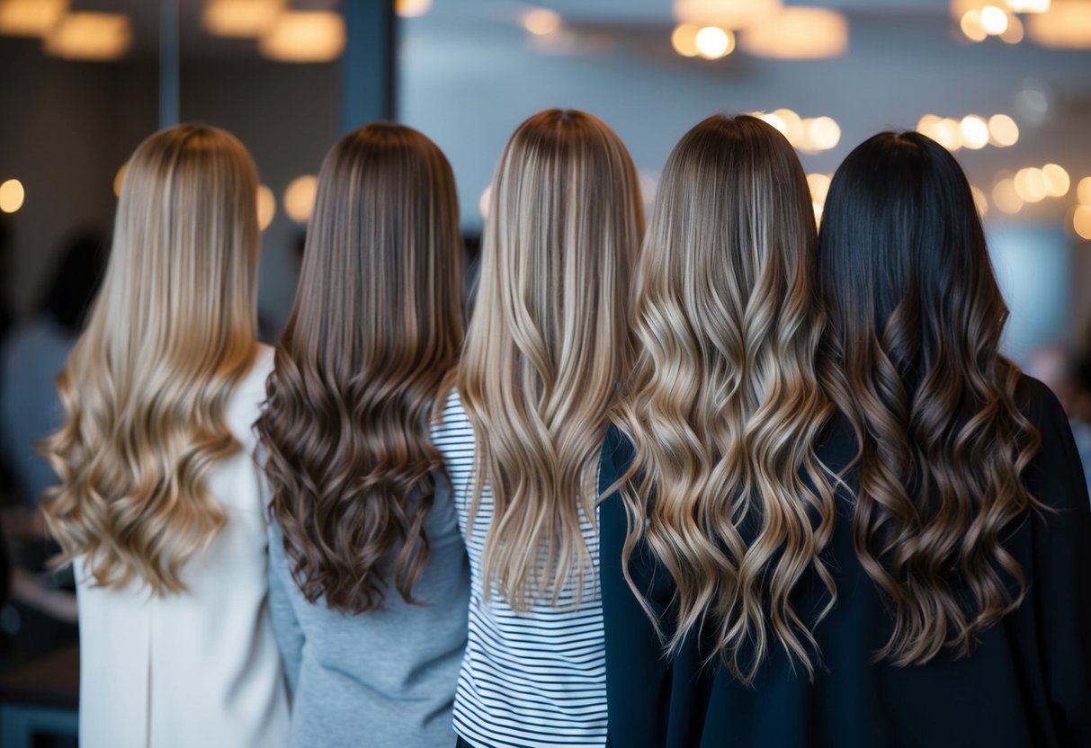 A variety of hair types - straight, wavy, curly - are shown with micro-loop hair extensions seamlessly blending in