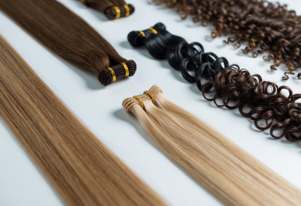 A close-up of various hair textures, from straight to curly, laid out on a smooth surface, with micro-loop hair extensions nearby for comparison