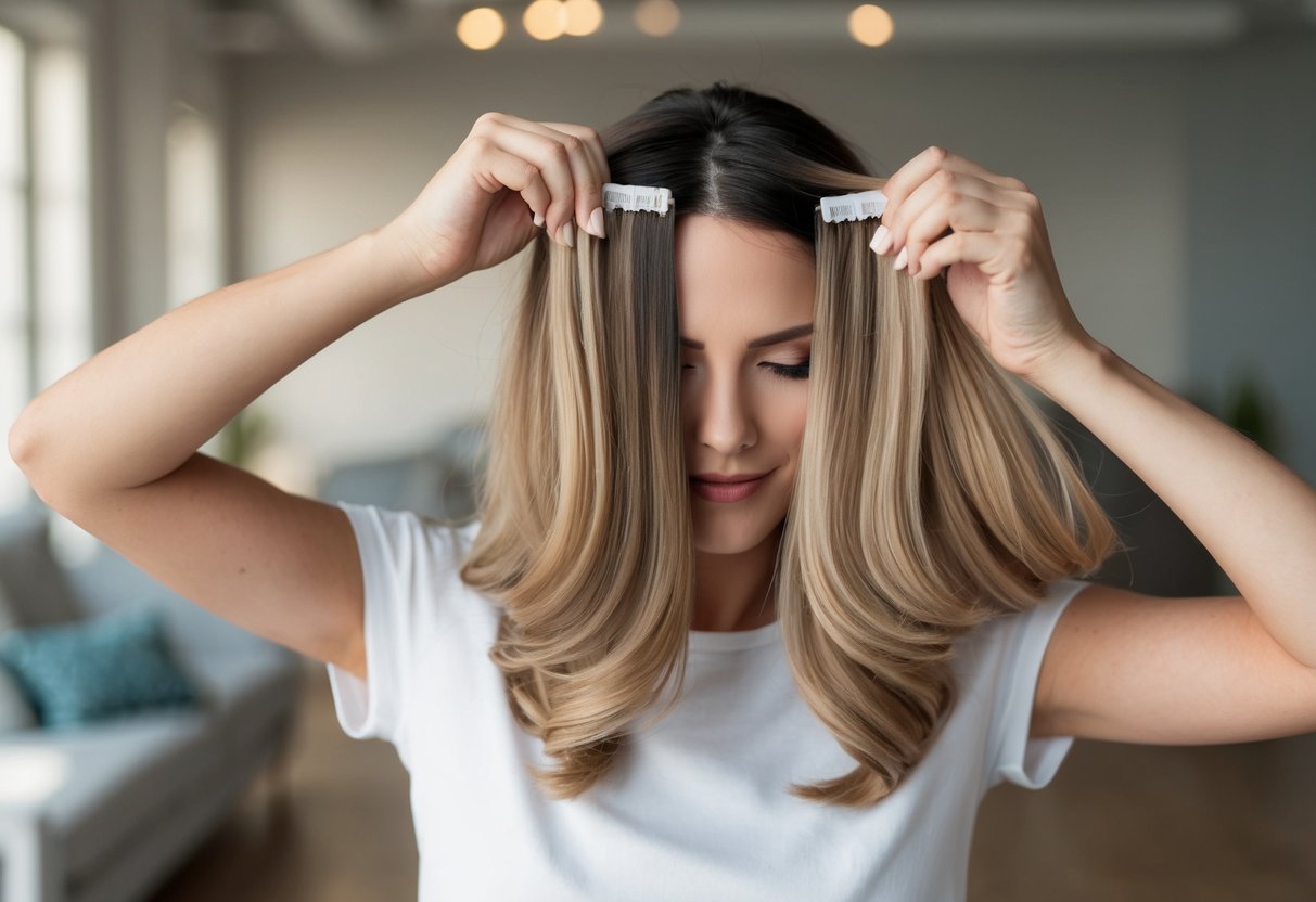 A woman's clip-in hair extensions sliding out of her hair while she tries to secure them in place