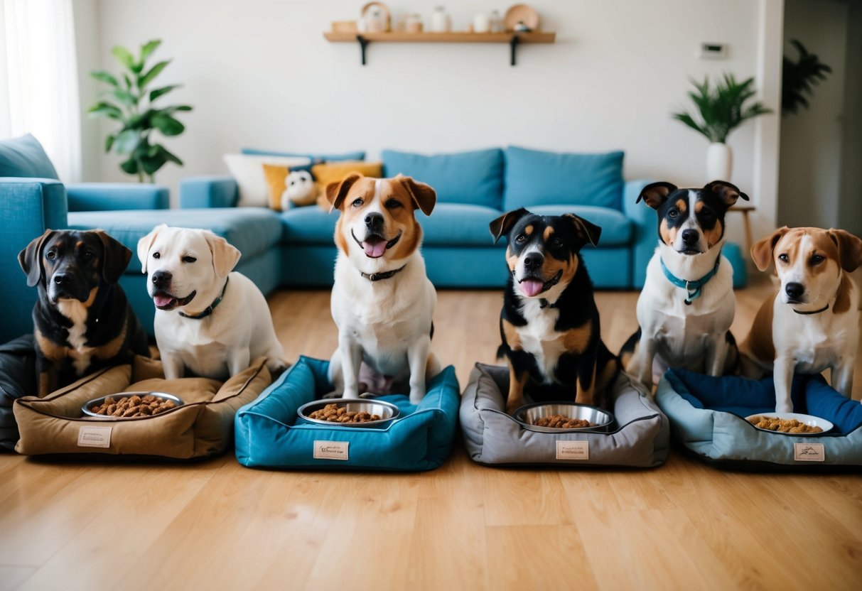 Several dogs peacefully coexist in a spacious, well-organized home. Each dog has its own designated area with toys, beds, and food bowls. The dogs are seen calmly interacting with each other, debunking the myth that multi-dog households are chaotic