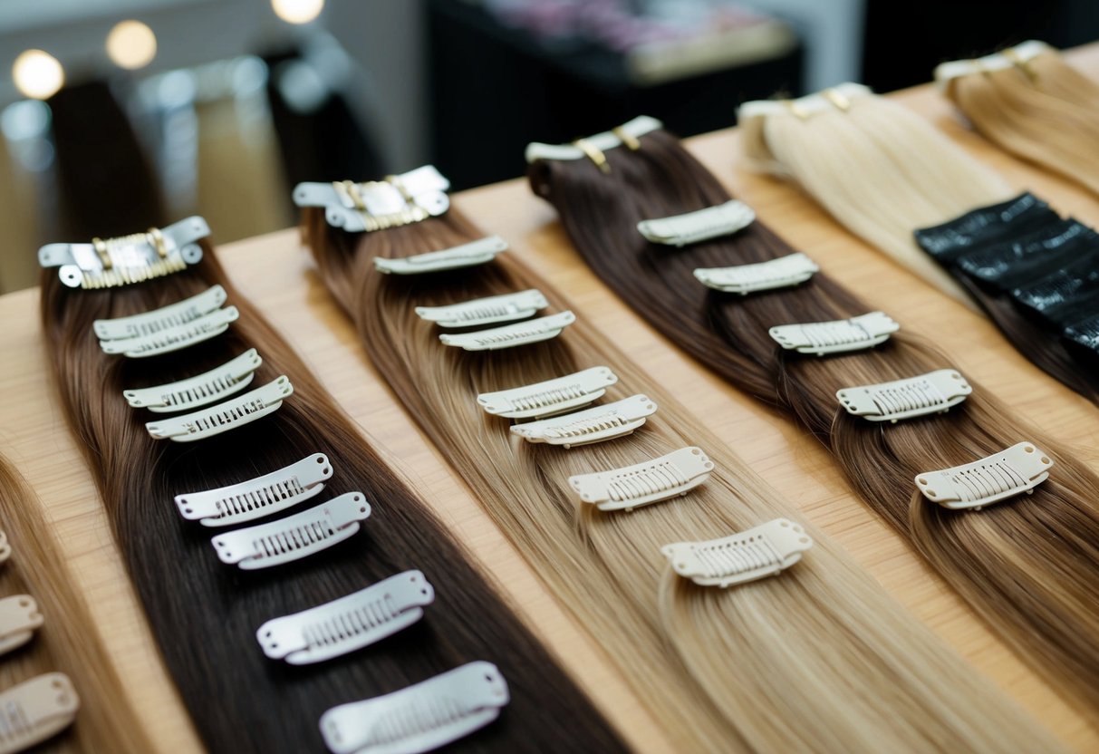 A variety of hair extension types displayed, some with clips, some without, showing the different textures and lengths available