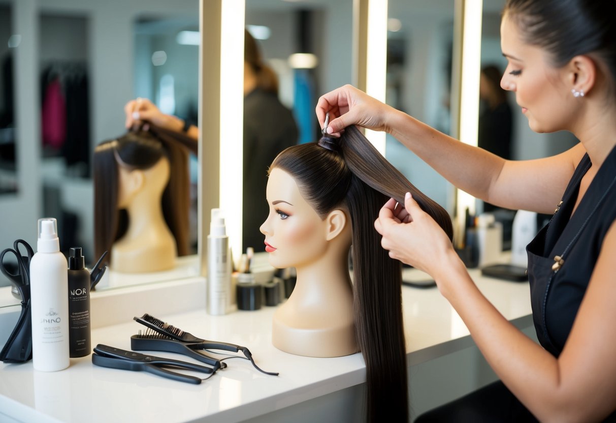 A hairstylist carefully installs nano hair extensions onto a mannequin head in a well-lit salon. Tools and products are neatly arranged on the counter