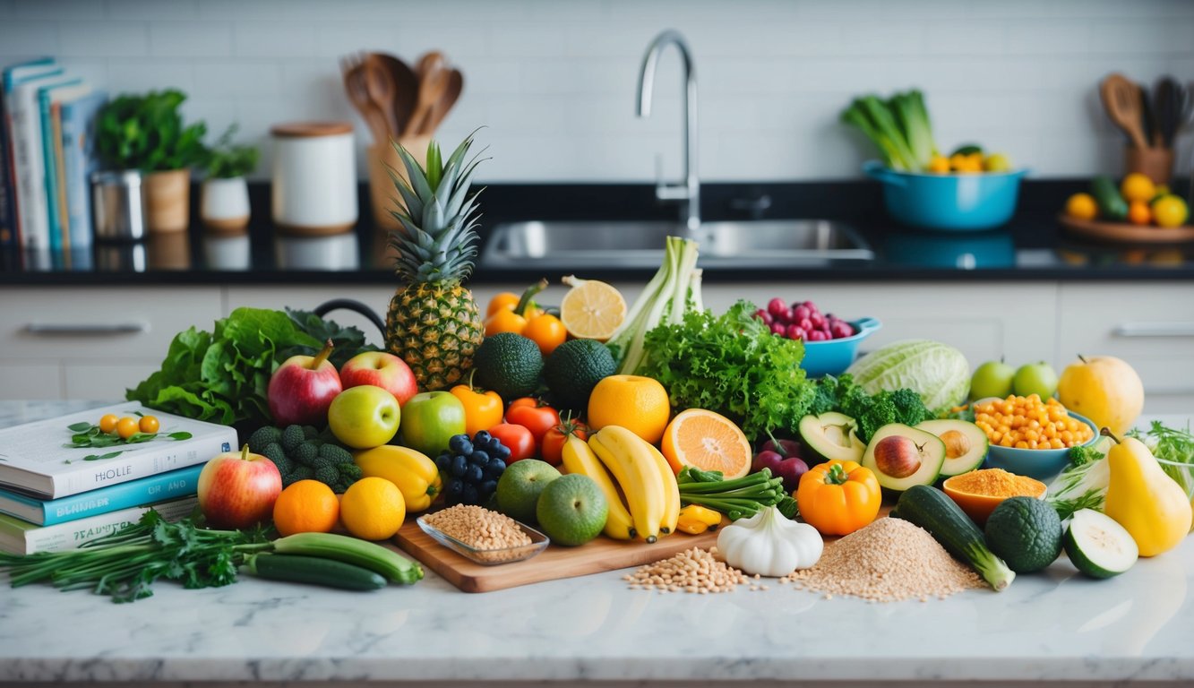 A colorful array of fresh fruits, vegetables, whole grains, and lean proteins arranged on a kitchen counter, surrounded by recipe books and cooking utensils