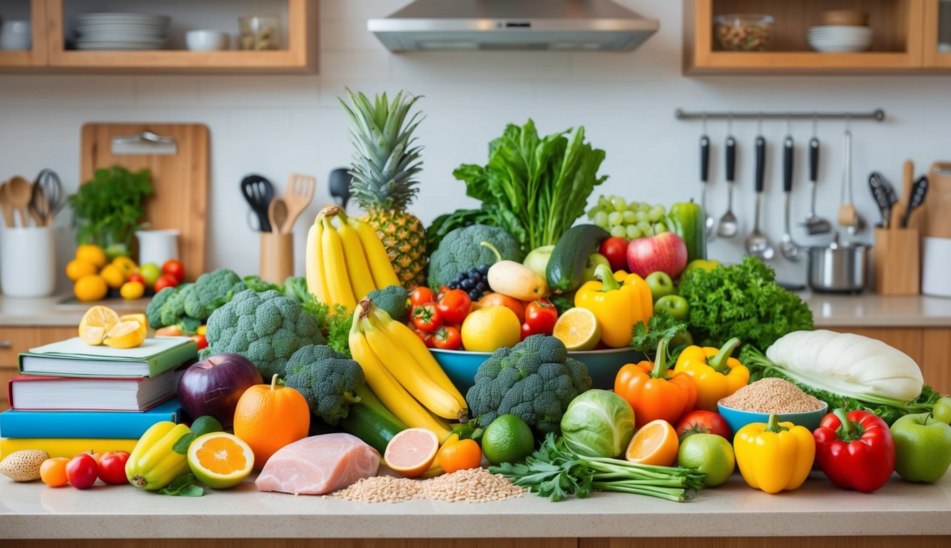 A colorful array of fresh fruits, vegetables, lean proteins, and whole grains arranged on a kitchen counter, surrounded by recipe books and cooking utensils