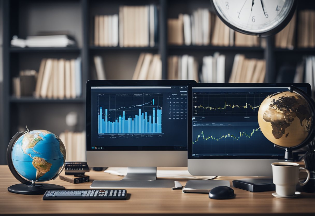 A desk with a computer, financial charts, and a cup of coffee. A bookshelf filled with investment books. A globe and a calculator on the desk