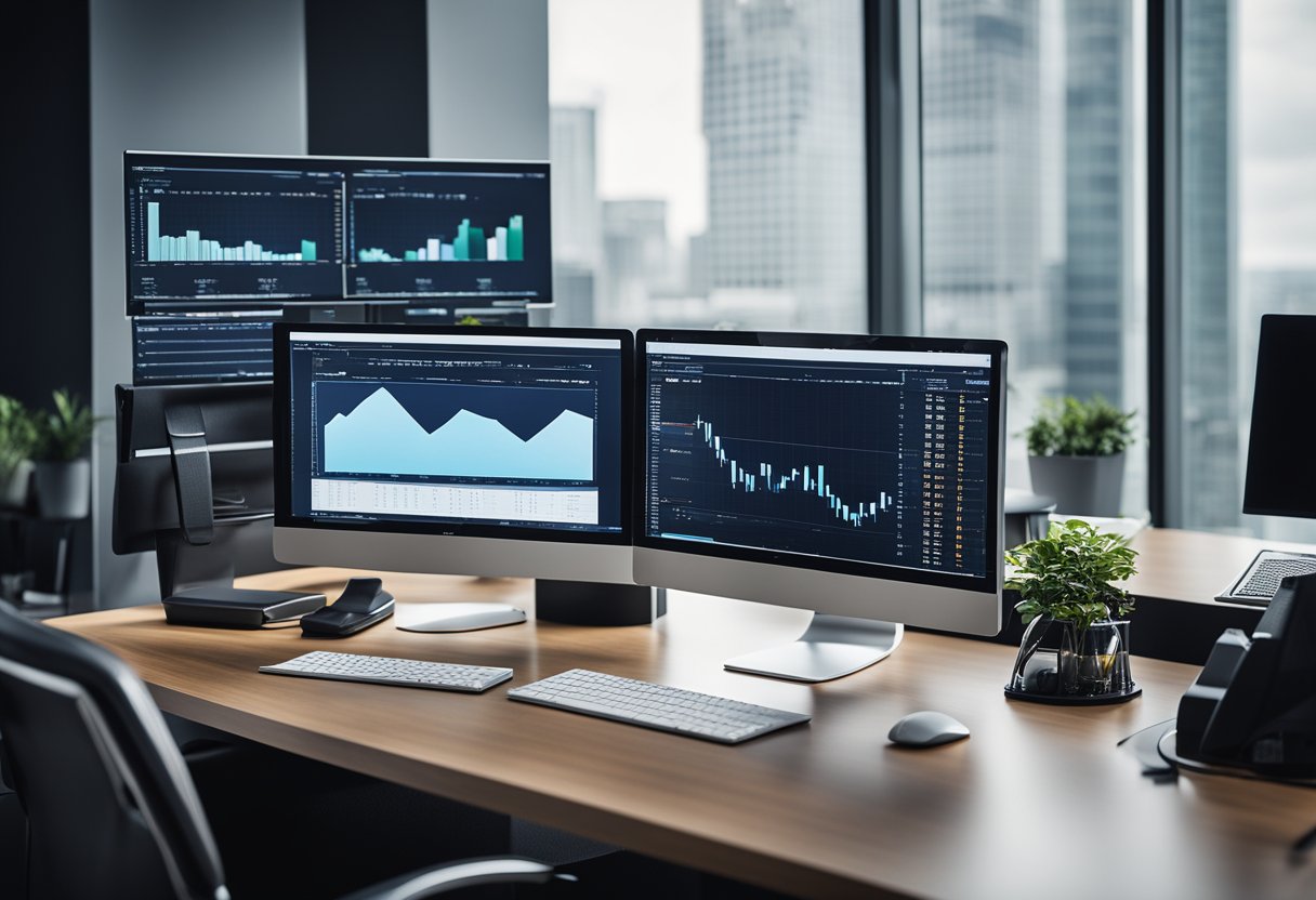 A sleek, modern office desk with multiple computer monitors displaying graphs and charts, surrounded by various financial reports and documents