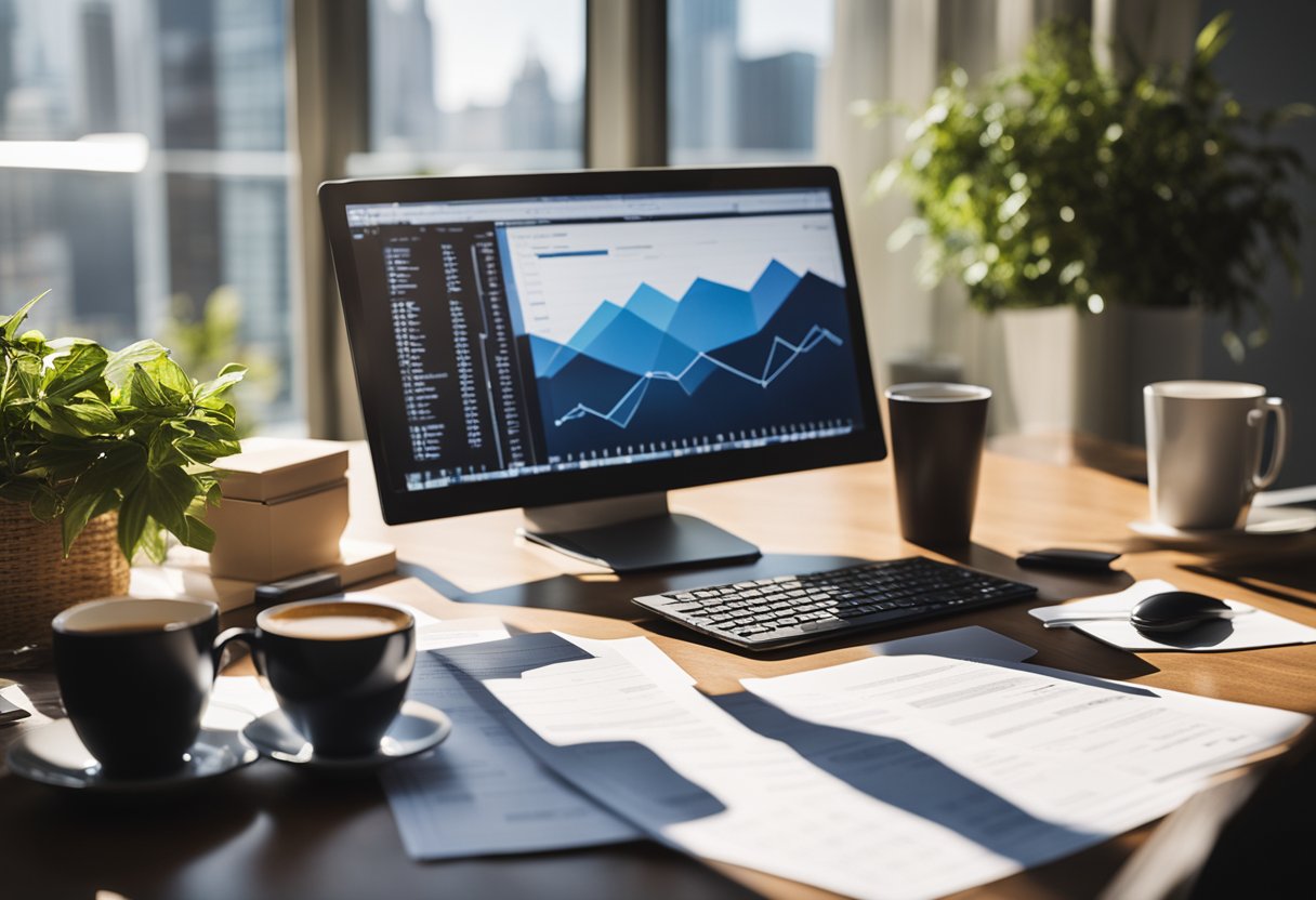 A desk with a computer, financial charts, and a stack of papers. A cup of coffee sits nearby as the sunlight streams through the window onto the workspace