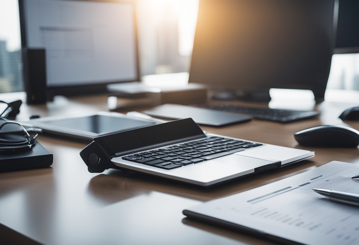 A sleek, modern office desk with a computer, financial charts, and a professional-looking portfolio