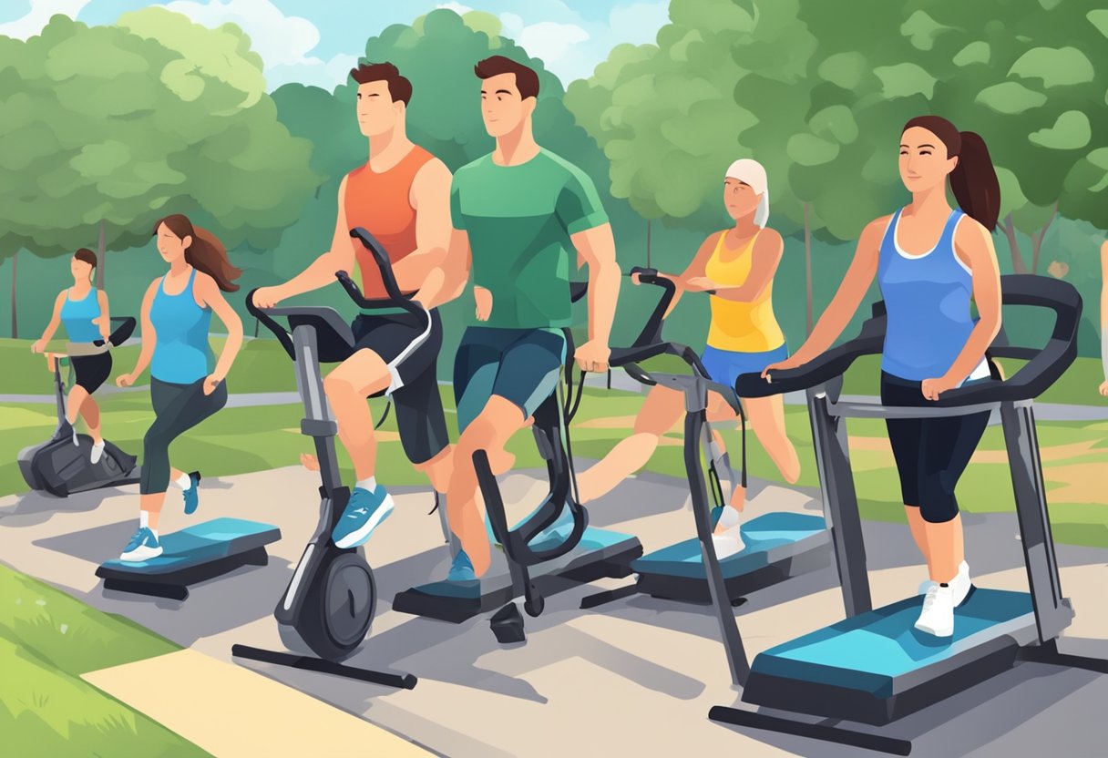 En gruppe mennesker, der udfører højintensiv intervaltræning udendørs, med en timer og træningsudstyr synligt