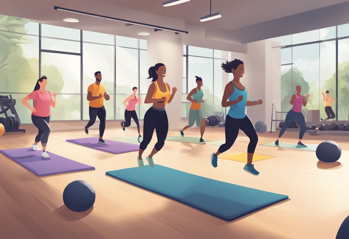 En gruppe mennesker, der udfører Tabata-træning i et rummeligt, velbelyst fitnesscenter med træningsudstyr i baggrunden