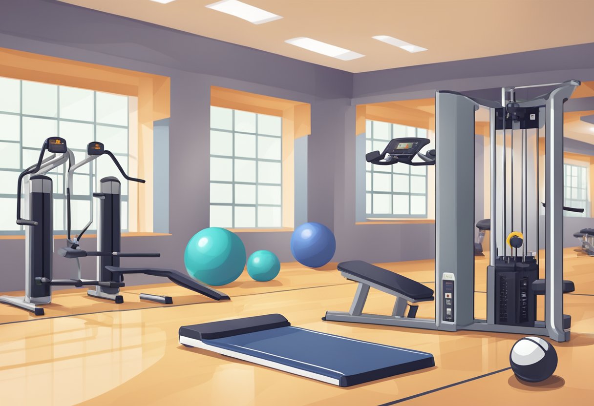 Et timer, der tæller ned i et fitnesscenter, med træningsudstyr i baggrunden