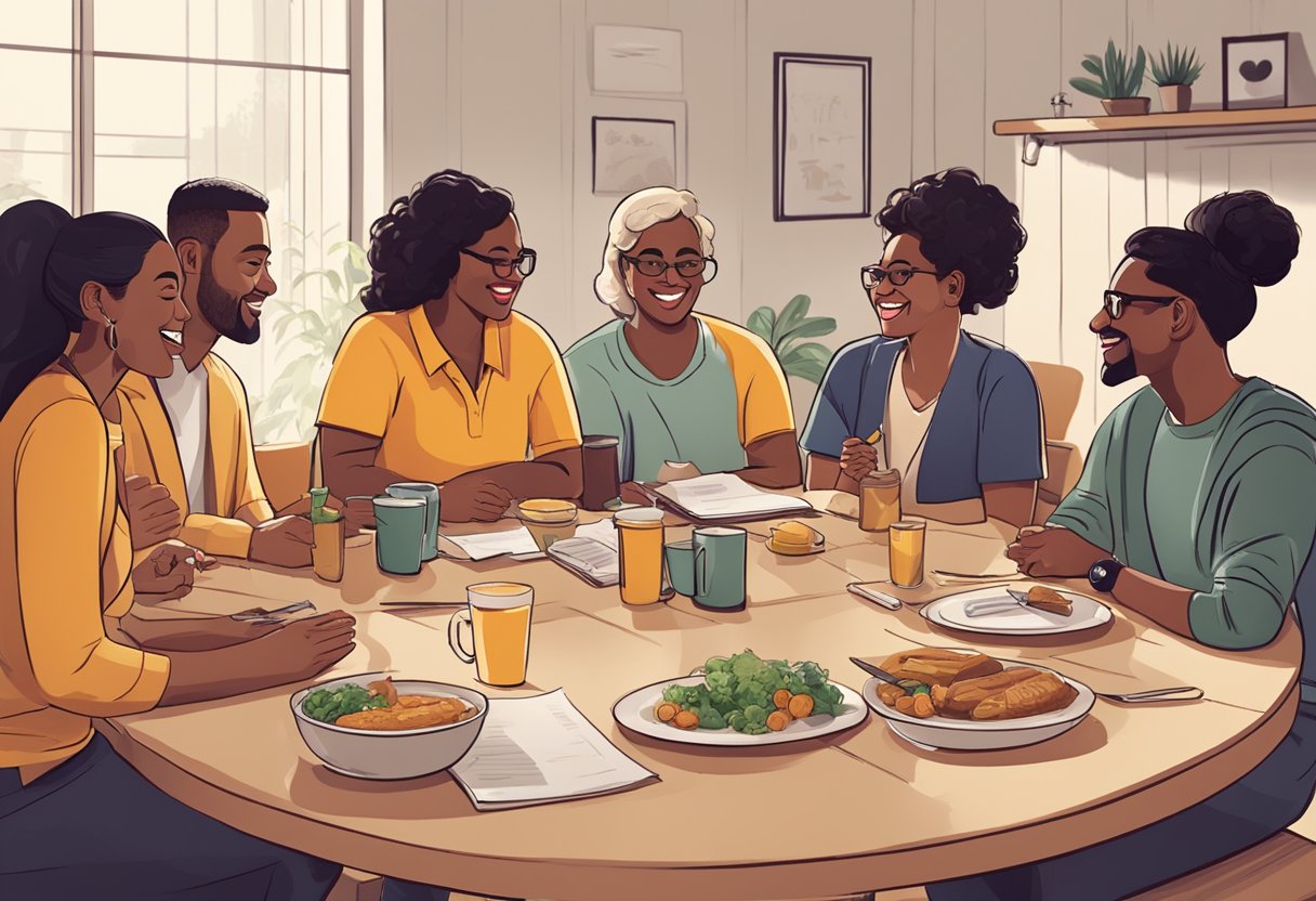 A group of diverse individuals gather around a table, sharing stories and laughter. A warm and inclusive atmosphere is created as they engage in various activities together