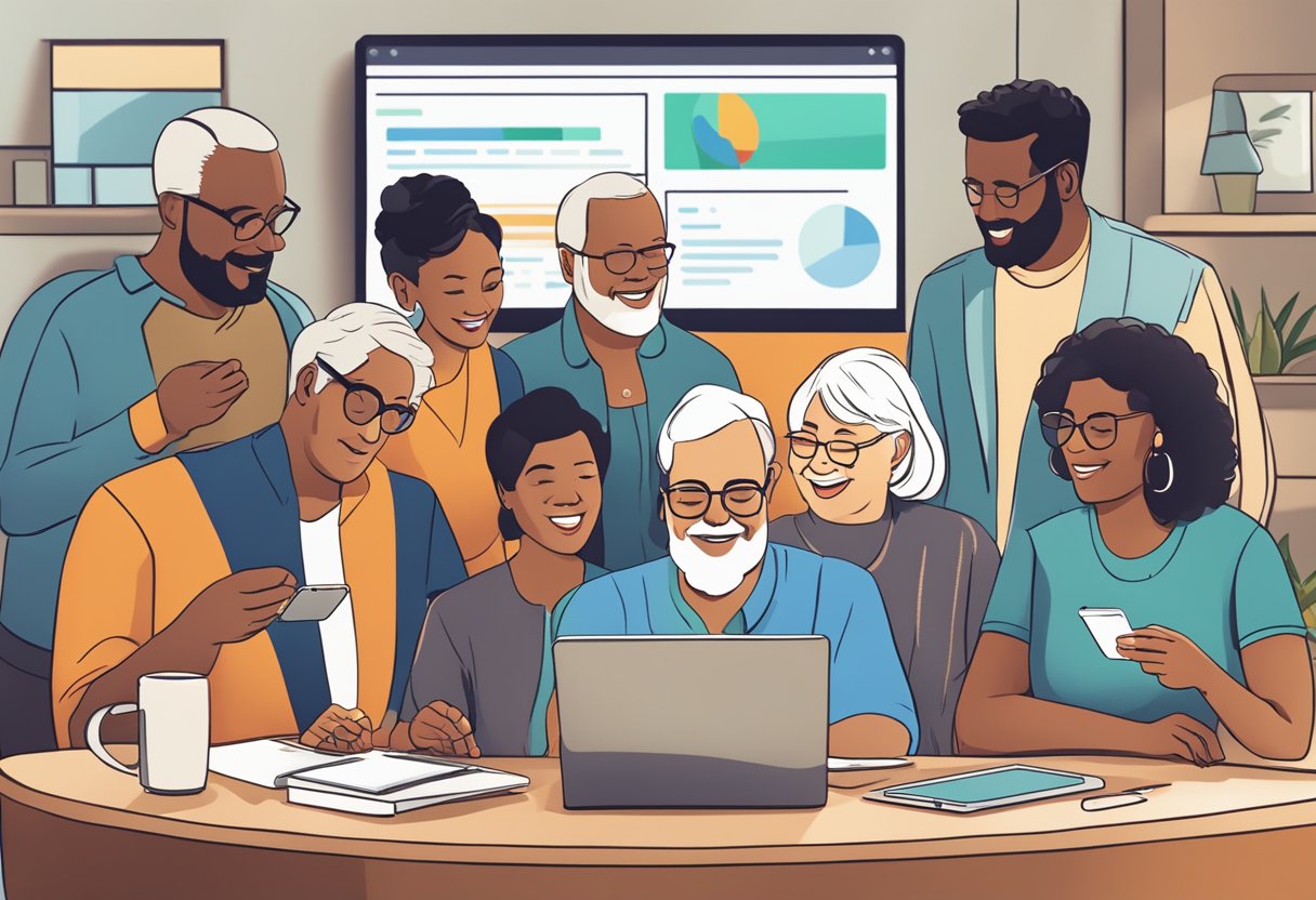 A group of diverse individuals gather around a digital device, engaging in conversation and sharing experiences. The technology connects them, symbolizing the strength of their social network in retirement