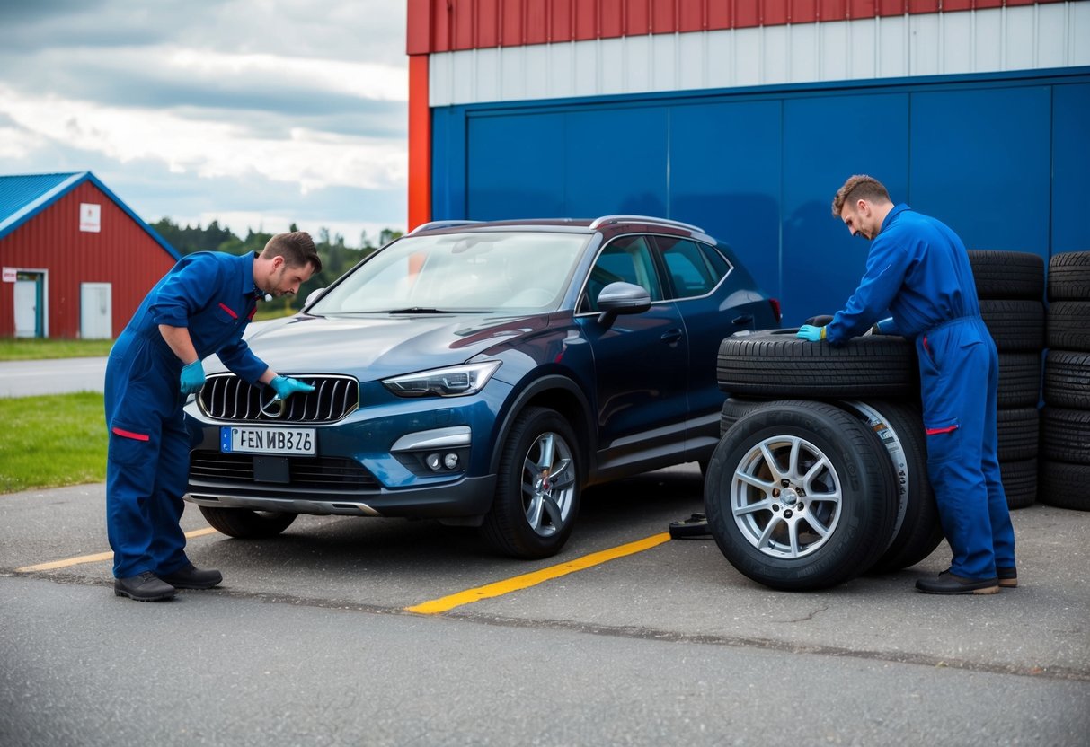 En bil parkerad utanför en däckverkstad i Valdemarsvik. En mekaniker inspekterar däcken, medan en annan mekaniker byter ut ett däckset.