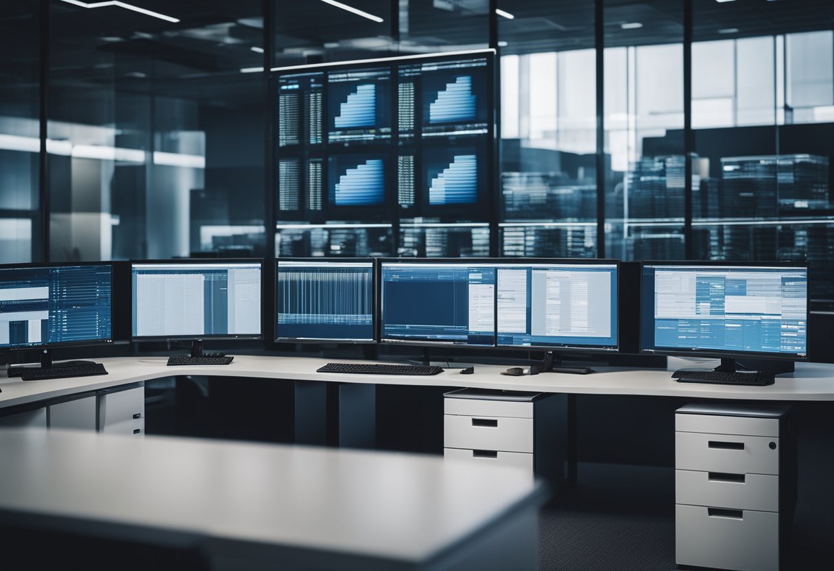A modern office with computer screens displaying organized digital files and a central server for digital asset management