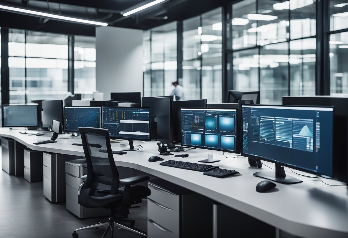 A modern office with multiple computer screens displaying various digital assets, surrounded by industry-specific tools and equipment