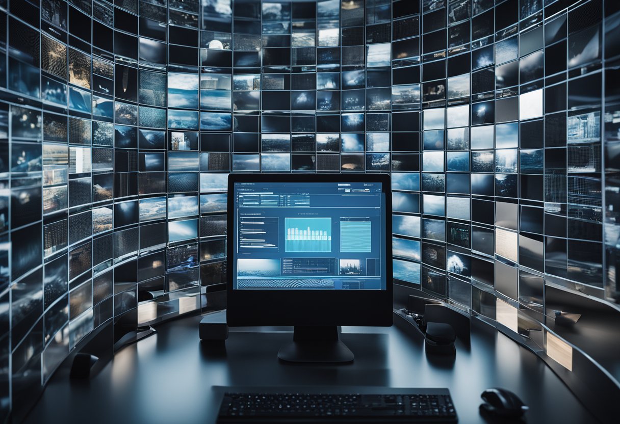 A computer screen displaying a grid of organized digital files, surrounded by a team collaborating on a digital asset management strategy
