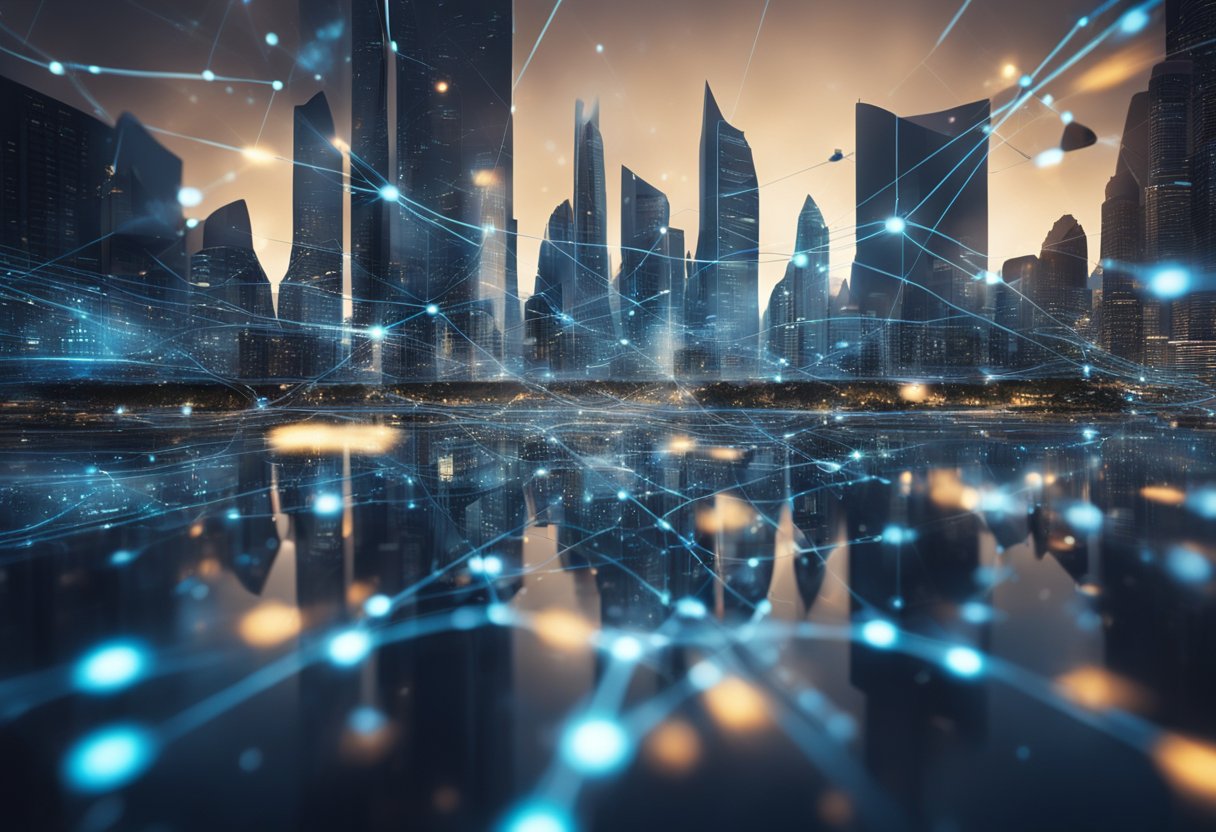 A futuristic city skyline with interconnected digital networks and data streams