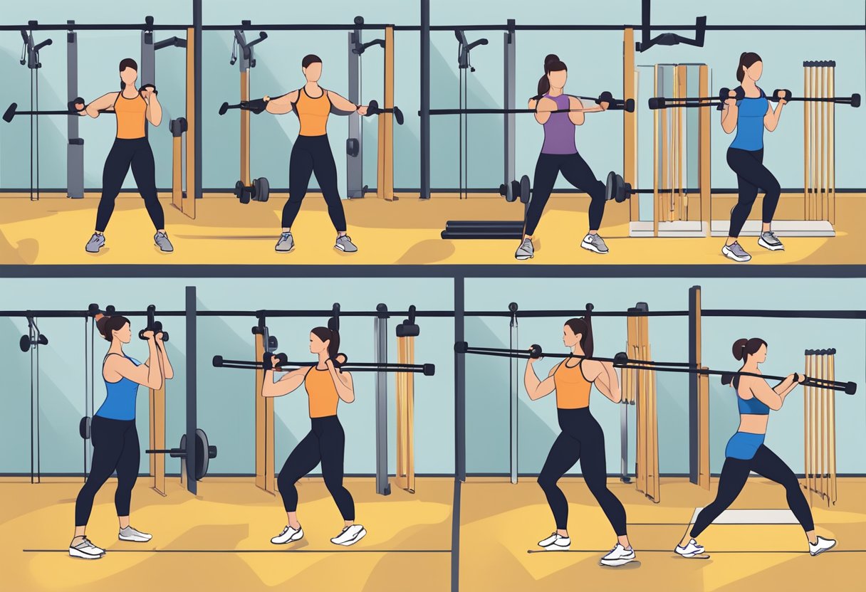 En person bruger et modstandsbånd til forskellige øvelser, såsom biceps curls, skulderpres og benløft, i en fitnesscenter.