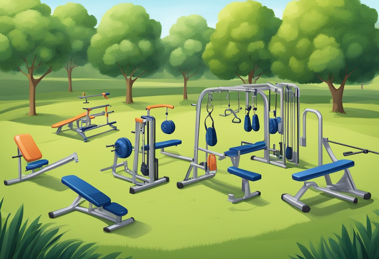 En udendørs træningsscene med en række træningsudstyr spredt over et græsset område omgivet af træer