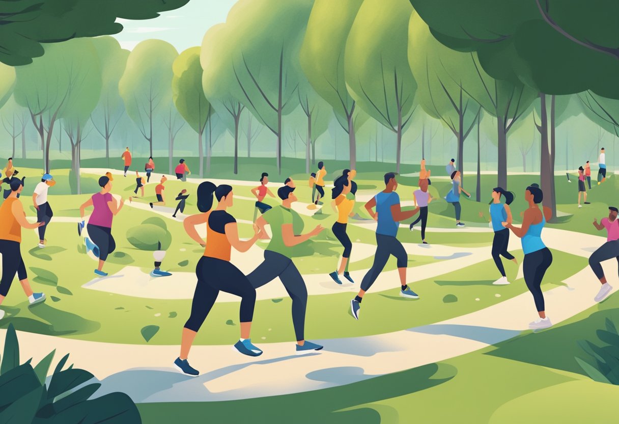 En gruppe mennesker, der deltager i udendørs fitnessaktiviteter i en park omkranset af træer og grønt område