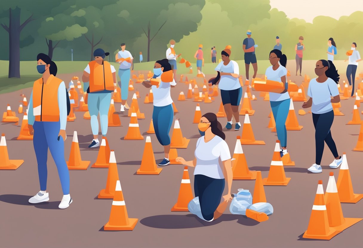 En gruppe mennesker, der træner udendørs med sikkerhedskegler, førstehjælpskasse og vandflasker i nærheden