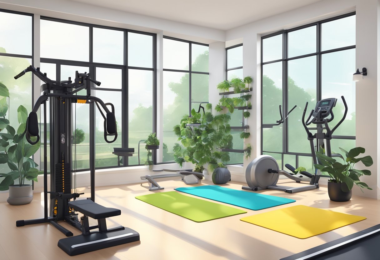 Et hjemmefitness med EMS-træningsudstyr opsat i et lyst, rummeligt rum med store vinduer og planter