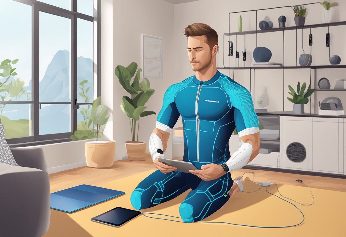En person iført en trådløs EMS-træningsdragt derhjemme, med elektroder fastgjort til forskellige muskelgrupper, der træner mens de bruger en tablet til vejledning