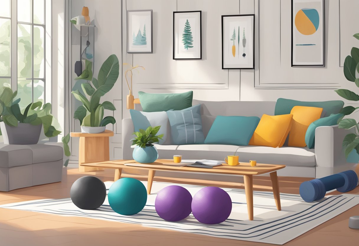 Et hyggeligt stue med en yogamåtte, modstandsbånd og håndvægte klar til hjemme-EMS-træning