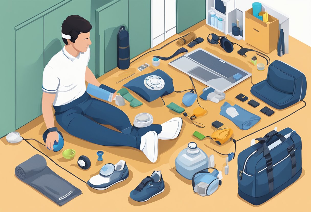 En person iført EMS træningsudstyr derhjemme, med forskellige husholdningsgenstande omkring sig for at demonstrere bekvemmeligheden og effektiviteten af EMS træning derhjemme.