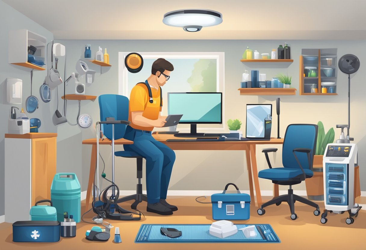 En person, der bruger EMS-udstyr derhjemme, med forskellige enheder og tilbehør til vedligeholdelse og pleje i nærheden