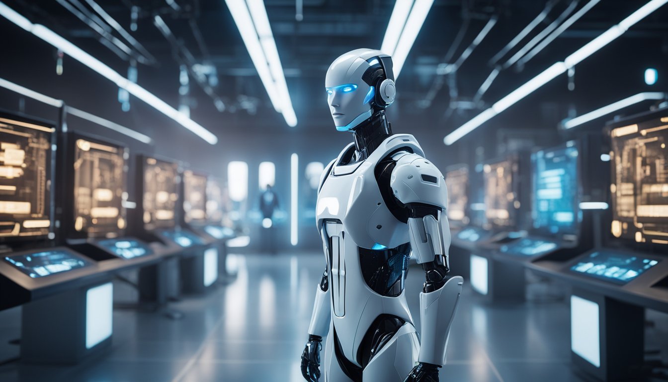 A futuristic AI character standing in a sleek, high-tech laboratory, surrounded by holographic screens and advanced technology