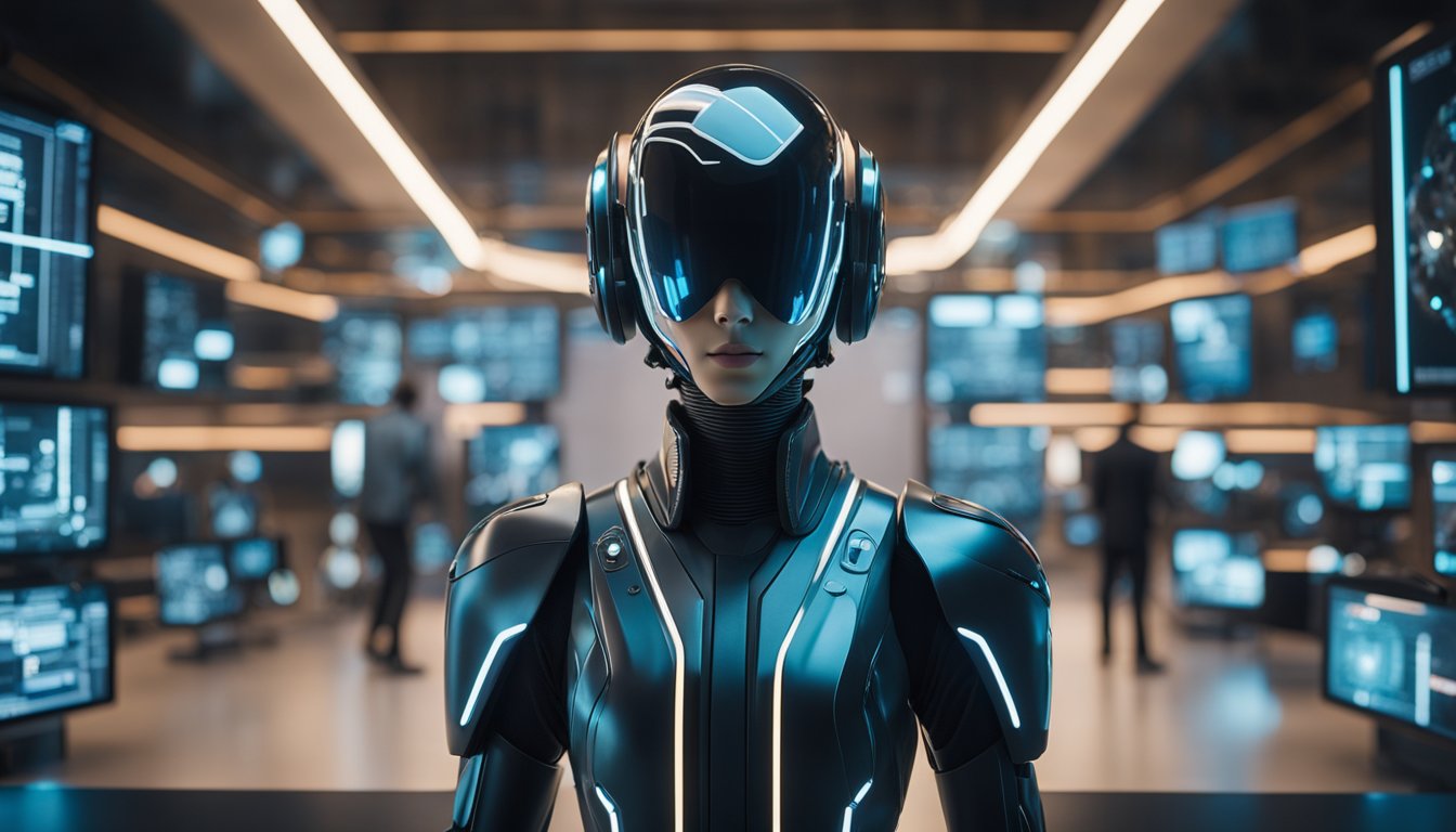 A futuristic laboratory with glowing screens, wires, and a sleek, metallic AI character standing in the center