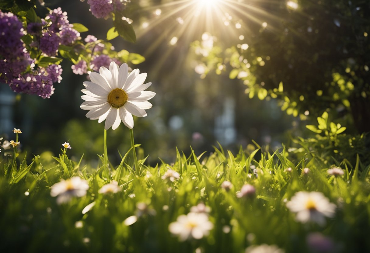 A peaceful garden with a beam of light shining down on a blooming flower, symbolizing the healing power of faith and prayer