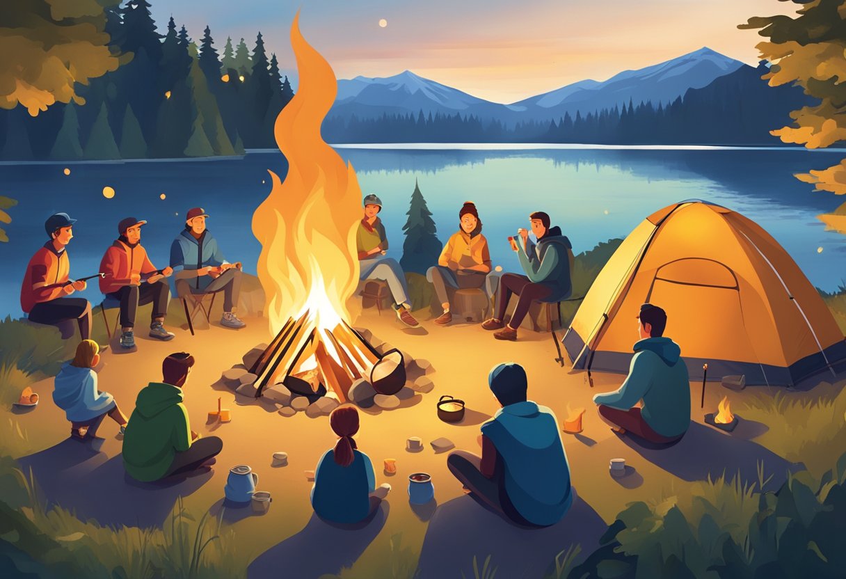 A campfire surrounded by tents and outdoor gear, with people roasting marshmallows and playing games near Geneva On The Lake