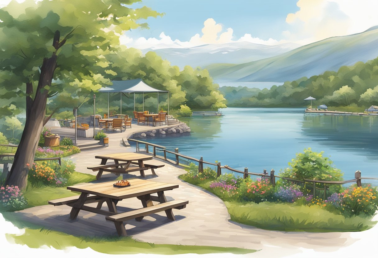 A serene lakeside campsite with picnic tables, fire pits, and a dock, surrounded by lush greenery and overlooking Lake Geneva