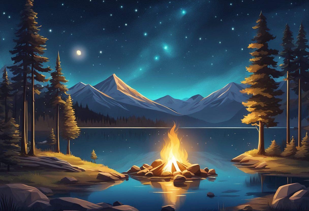 A peaceful lakeside campsite with a glowing campfire, surrounded by tall trees and distant mountains under a starry night sky