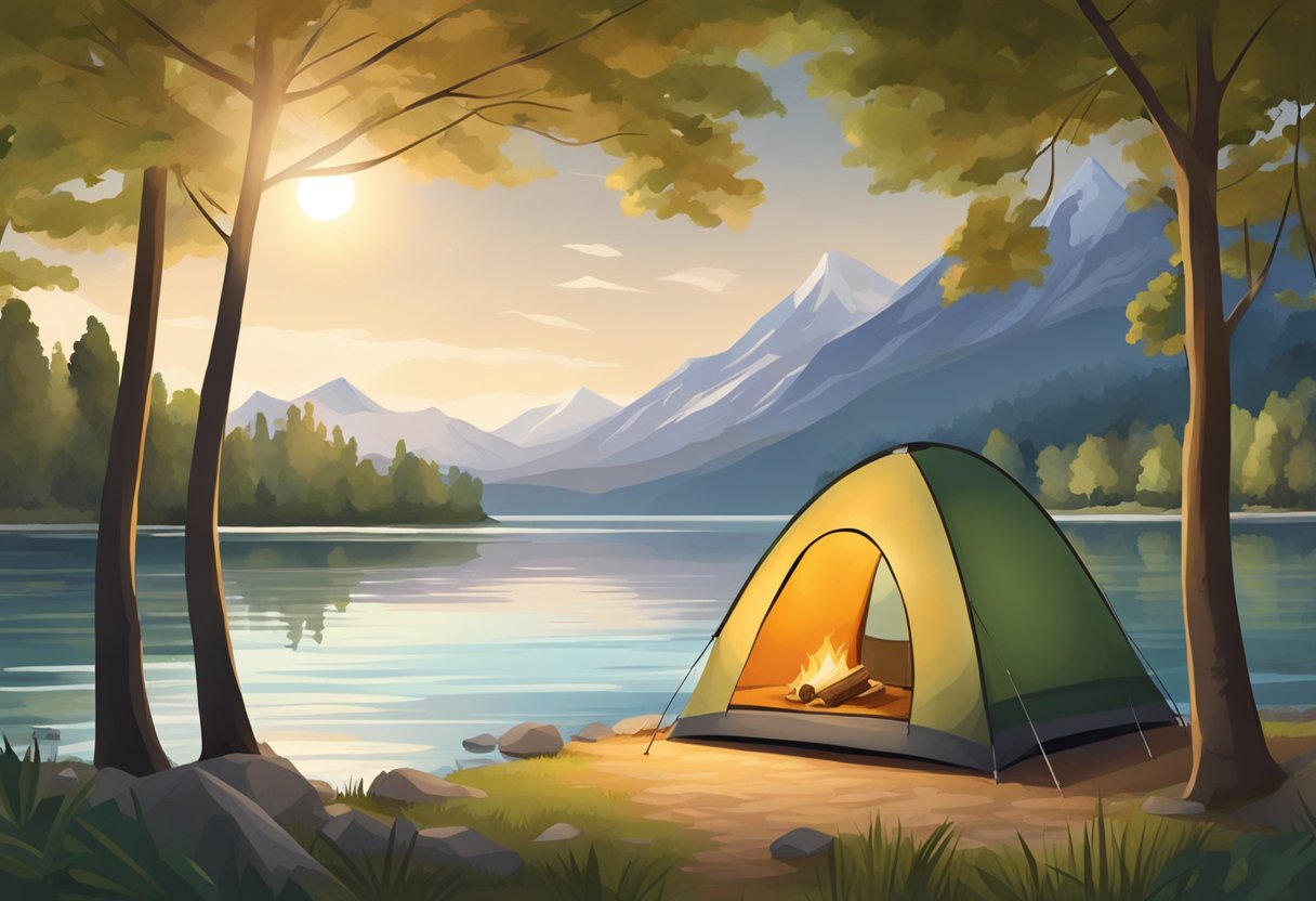 A campsite on the shores of Geneva On The Lake, with a tent pitched under tall trees, a crackling campfire, and a serene view of the water