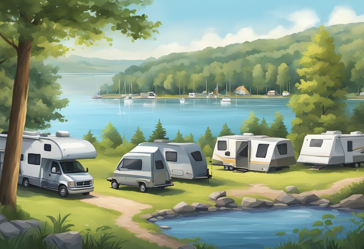 A serene lakeside campground with tents, RVs, and campfires surrounded by lush greenery and the calm waters of Geneva On The Lake