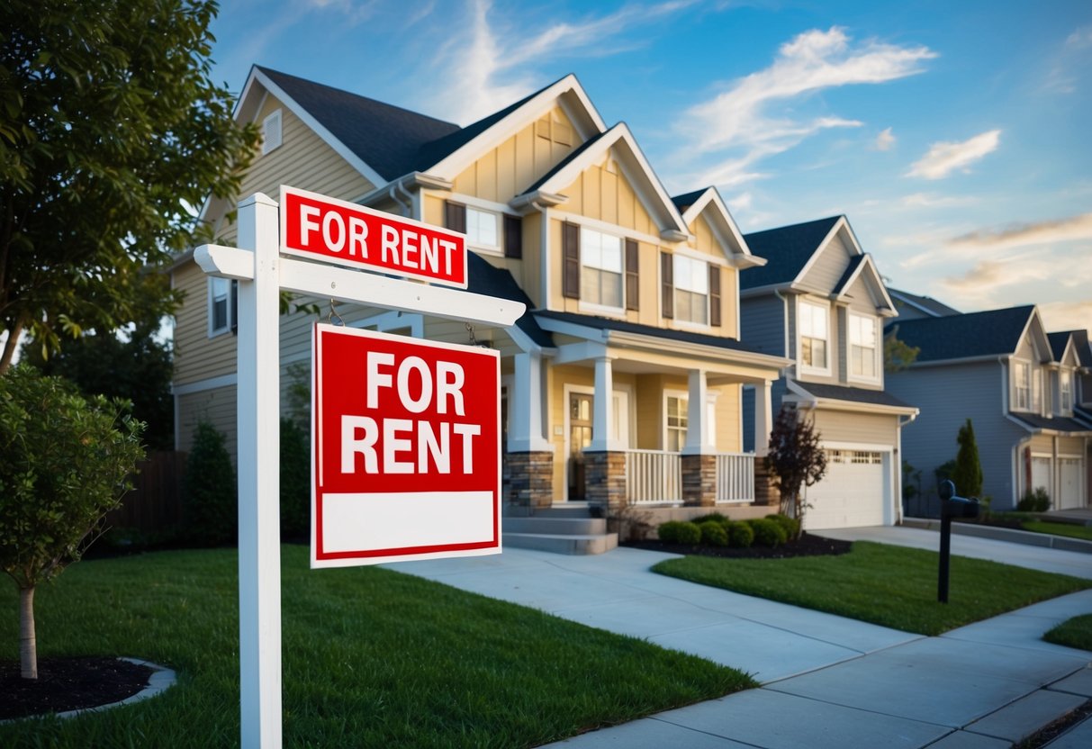 A cozy and well-maintained rental property with a "For Rent" sign out front, surrounded by a safe and friendly neighborhood