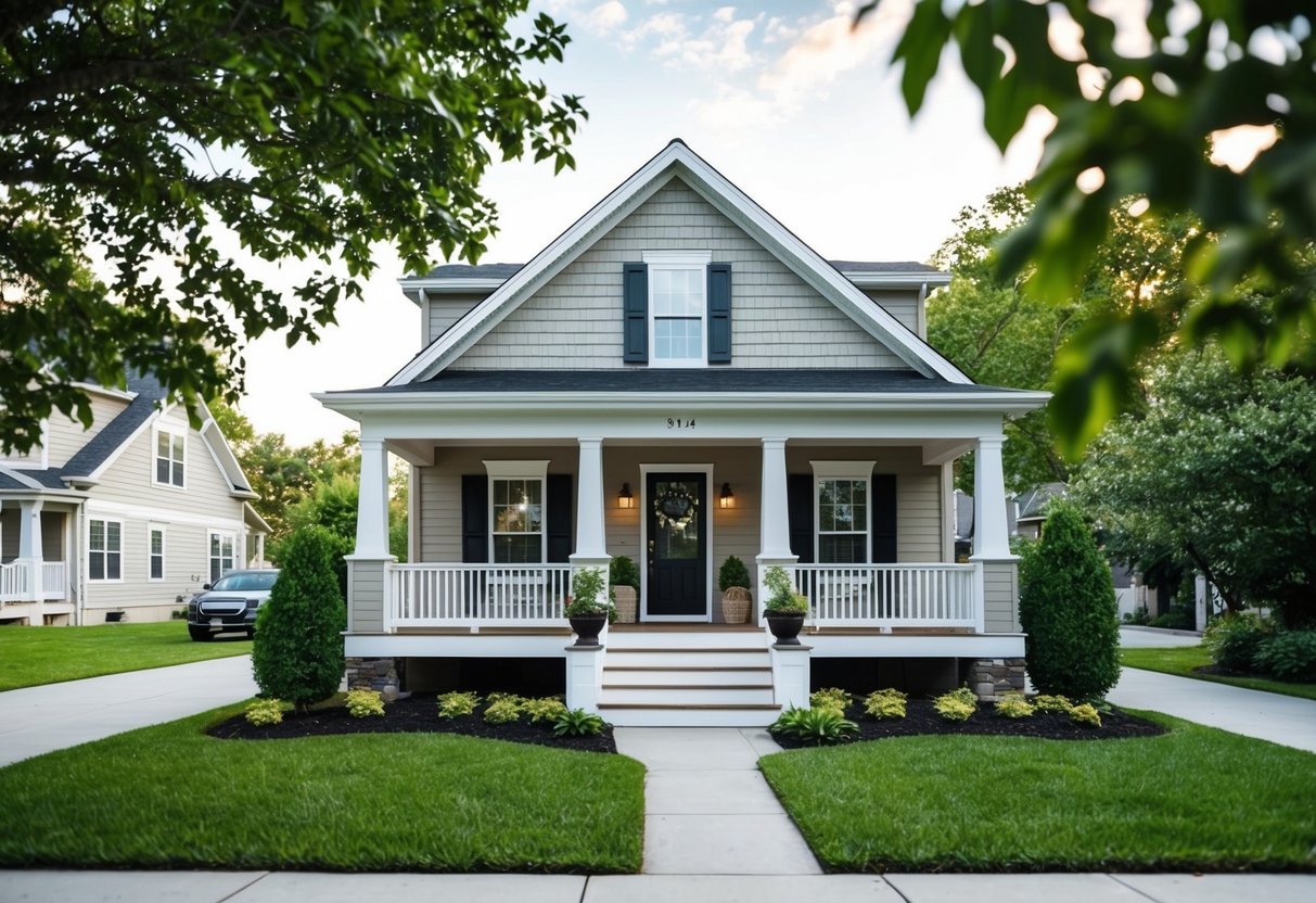 A cozy rental property with a welcoming front porch, surrounded by lush greenery and a peaceful neighborhood setting