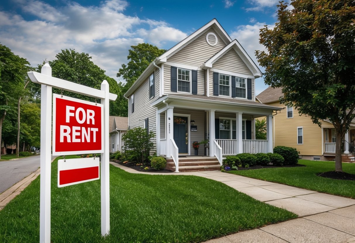 A cozy, well-maintained rental property with a "For Rent" sign out front. The surrounding neighborhood is safe and family-friendly, with schools and parks nearby