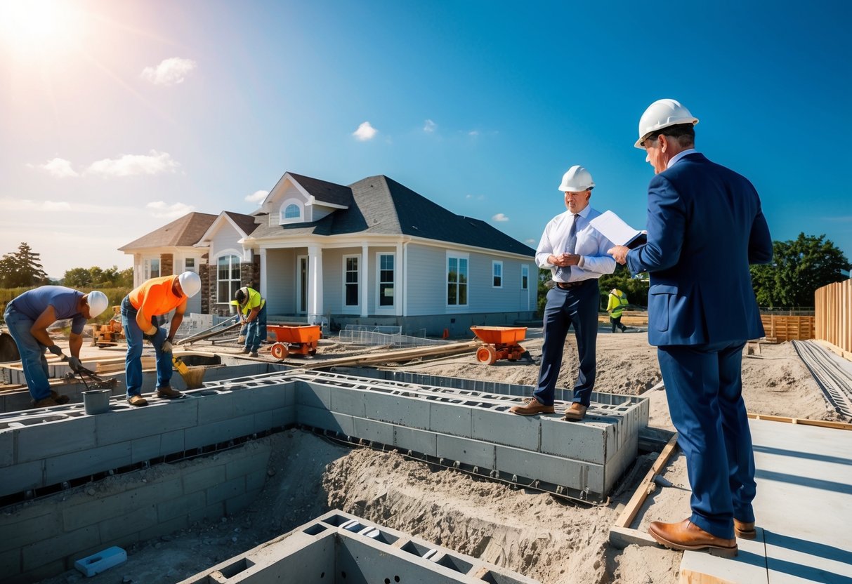 A sunny construction site with workers laying the foundation for a new investment property, while a real estate agent discusses the pros and cons with potential investors